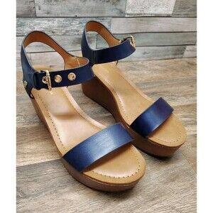 Tommy Hilfiger Navy Blue  Wedge Platform Sandals Womens 9.5 Gold Logo Boho